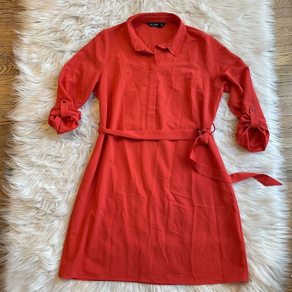F&F Shirt MIDI Dress Button Down Belted Red Minimalist Essentials